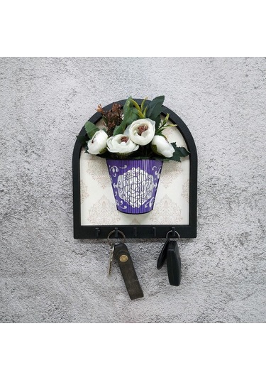Cajuart Ahşap Motifli Mor Saksı İçinde Beyaz Yapay Çiçek Askılık Duvar Dekoru