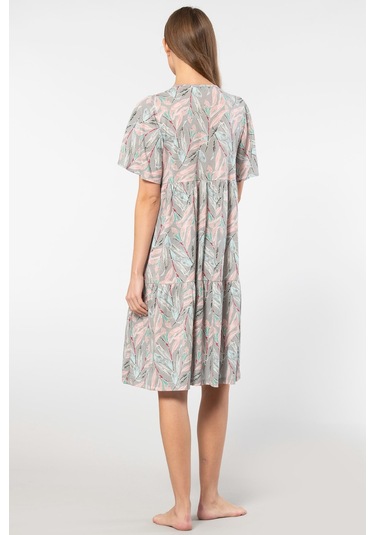 Türen Çiçek Desenli Kısa Kollu Elbise Gri