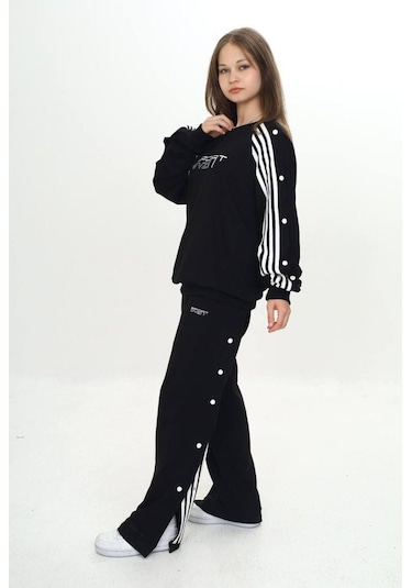 Unisex Çocuk 2 İplik Çıtçıtlı Alt&üst Eşofman Takımı %100 Pamuk Rahat Kalıp-299-eşt-0006 Siyah