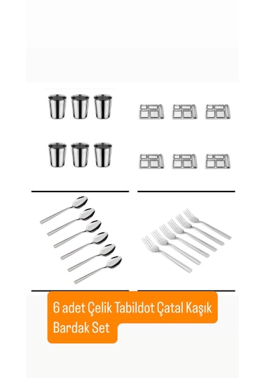 24 Parça Piknik Kahvaltılık Çelik Tabildot Set 6 Adet Tabldot,6 Adet Bardak,6 Adet Çatal, Kaşık gümüş