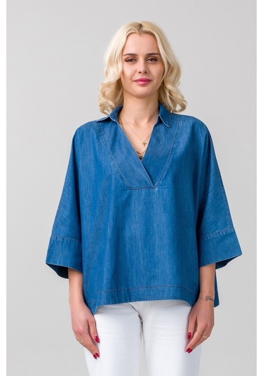 Kadın Gömlek Yakalı Yaka İndigo Mavi Kol Ucu Manşetli İnce Kot Kumaş Bluz İndigo