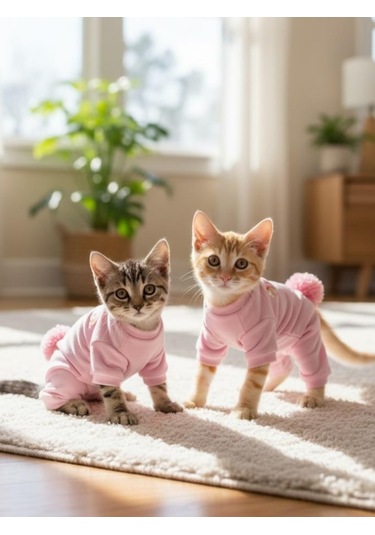 Tassel And Rainbow Soft Pink - Pastel Pembe Pamuklu Kedi Tulum Pijama