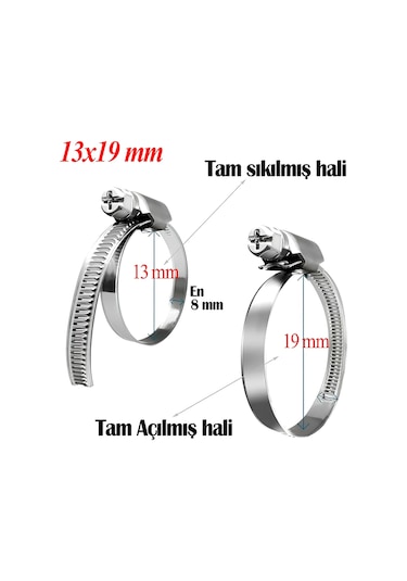 13x19mm Paslanmaz Çelik Hortum Boru Tesisat Kelepçesi 5 Adet