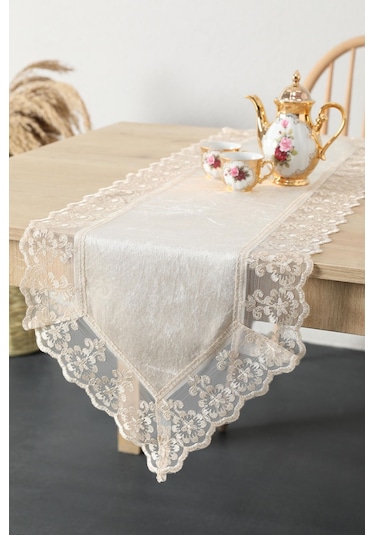 Favora Fatih Güpürlü Kadife Runner Vizon