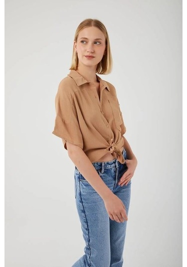 3960 Kadın Robalı Cepli Gömlek Vizon Vizon