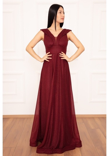 Kalopya Simli Tül Uzun Abiye Elbise 13280 Bordo