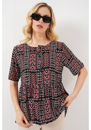 Kadın Desenli Kısa Kol Bluz 969 - Siyah Siyah