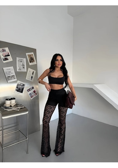 Havens Lace Kabartmalı İspanyol Paça Pantolon Siyah