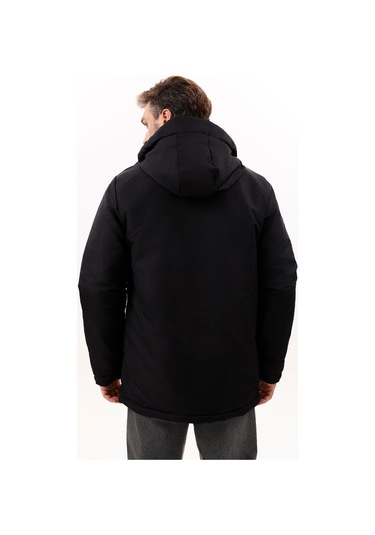 Erkek Polarlı Kürklü Su Ve Rüzgar Geçirmez Kapüşonlu Kışlık Mont & Kaban & Parka - Elyaflamalı Siyah