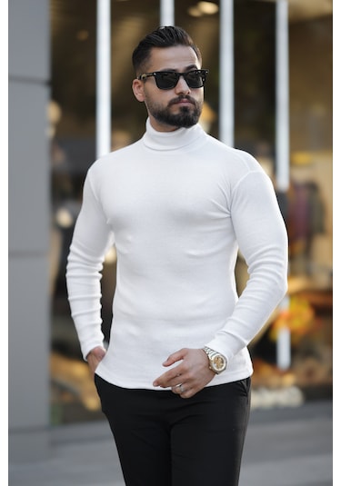 Erkek Beyaz Boğazlı Triko Kazak Beyaz