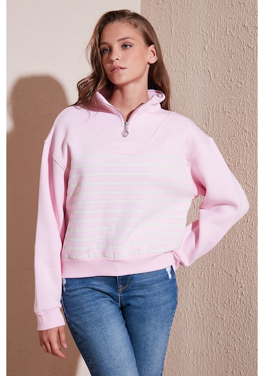 Lela Streç Oversize Fit Yarım Fermuarlı Dik Yaka Bayan Sweat 5865883 Şeker Pembe