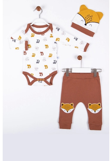Little Fox Desenli 3'lü % 100 Pamuklu Erkek Takım kahverengi