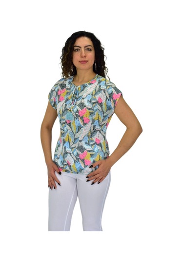 Kadın Kısa Kol Baskılı Bluz Bgl-st04704 Mint-Yeşili