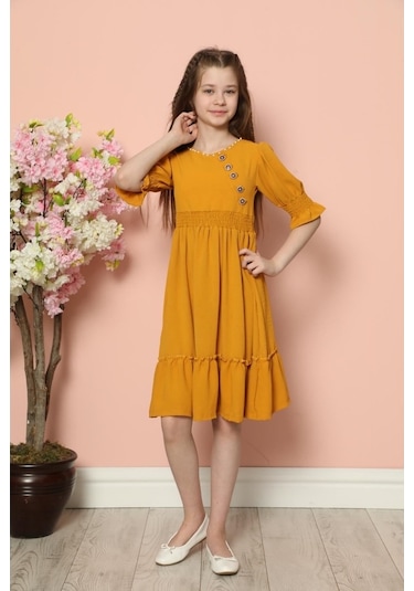 Aymeravm - Yaka Incili Düğme Detaylı Kız Çocuk Elbise - Als14... (545626213) Sarı