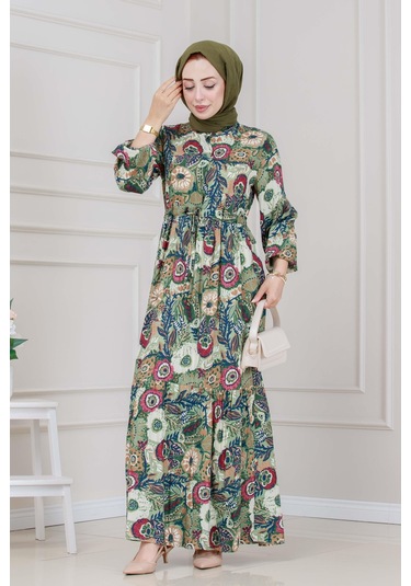 Beli Tünelli Çiçekli Viscon Elbise-yeşil-5319 Yeşil