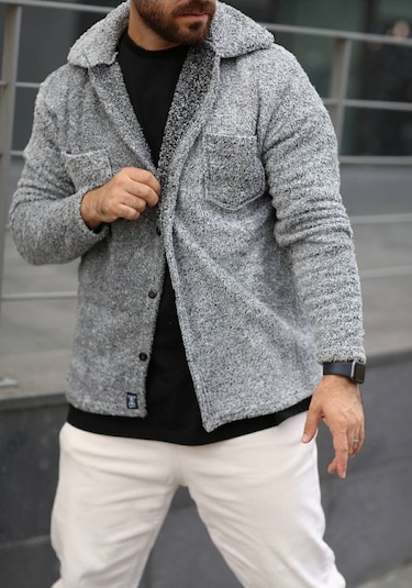 Sr Tekstil Pelüş Ceket Unisex Normal Kalıp Cep Detaylı Gri