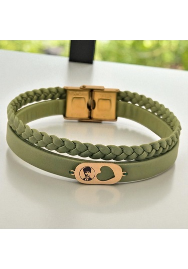 Archin Atatürk Temalı Kalp Motifli 14 Ayar Altın Plakalı Zeytin Yeşili Derili Hediye Bileklik-556sembol Atatürk Sembolü