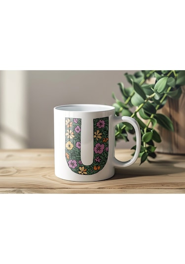 U Baş Harf Çiçek Desenleri İle Natural Tarz Kupa Bardak - Kişiye Özel Çiçekli Kahve Çay Bardak - Beyaz