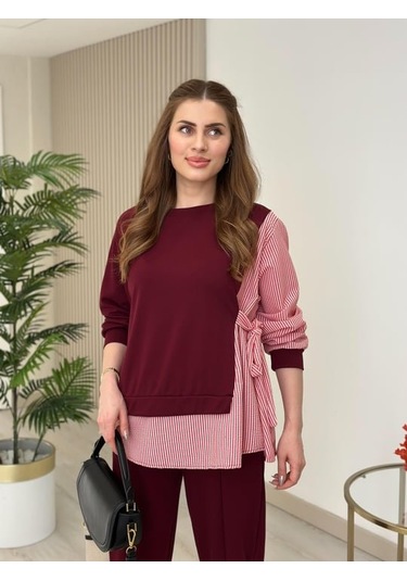 Kadın Gömlek Detay Çizgili Yandan Bağlamalı Ikili Takım Bordo