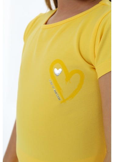 Toontoy Kız Çocuk Varaklı Kalp Baskılı Kaprili Takım Koyu Sarı