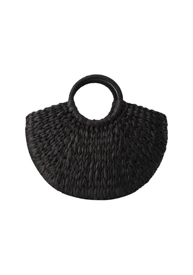 Kadın Çanta Hasır Dokuma Yarım Yuvarlak Plaj Çantası Büyük Kapasiteli Siyah