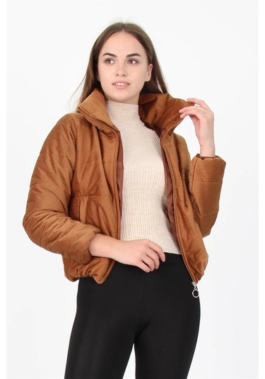 Kadın Yüksek Yaka Cepli Kışlık Kadife Mont Dpm7154 Taba