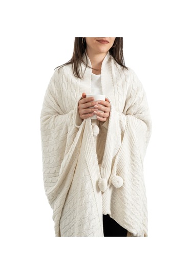 Ponponlu Triko Örme Tv Battaniyesi Koltuk & Omuz Şalı & Diz Battaniyesi 130x170cm - Krem Krem