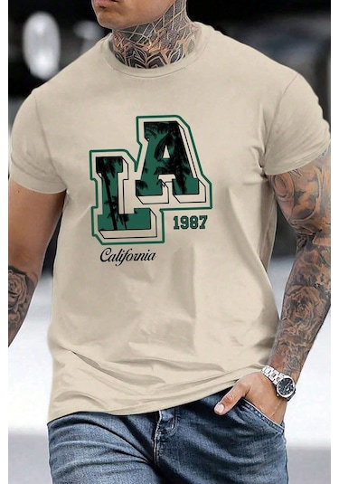 Erkek La California 1987 Baskılı Oversize Tshirt Bej