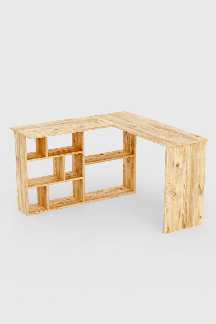 Corn Köşe Çalışma Masası Raflı Bilgisayar, Ofis Masası Atlantik Çam Atlantik Çam