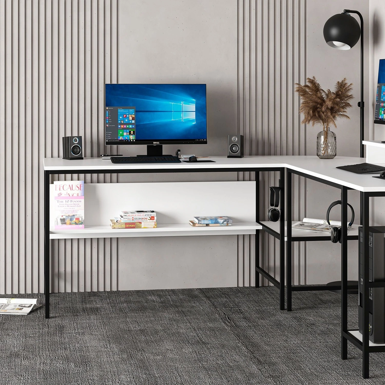 Minar Greta Raflı L Köşe Çalışma Masası - Beyaz Beyaz