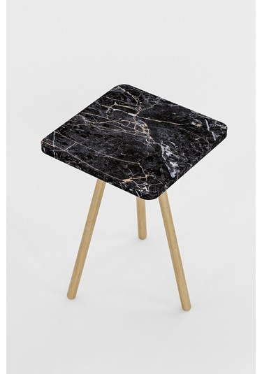 İntergo Kare Tasarımlı Ahşap Ayaklı Tekli Zigon Sehpa Siyah Mermer