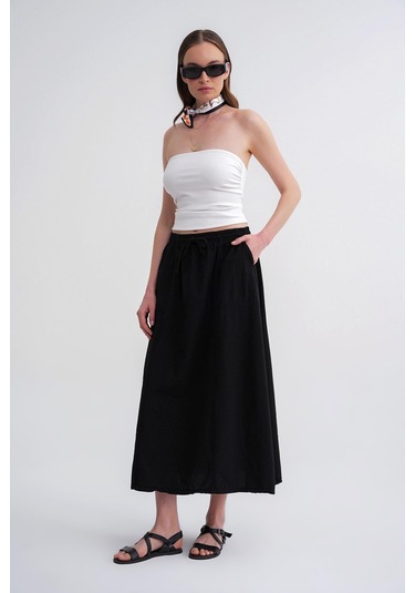4633 Kadın Yandan Cepli Parçalı Etek Siyah Siyah