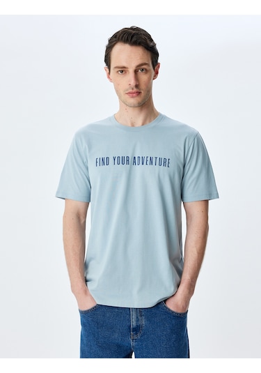 Koton Bisiklet Yaka Regular Fit Pamuklu Kısa Kollu Slogan Baskılı Tişört Mavi 5sam10087hk Mavi