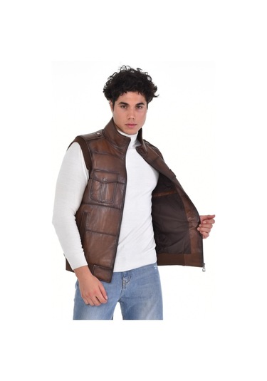 Hakiki Deri Manşetli Erkek Deri Yelek Kahverengi Kahverengi