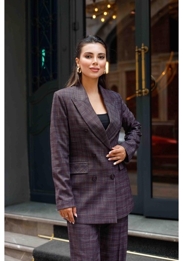 6 Düğmeli Kruvaze Ekose Takım Bordo Bordo