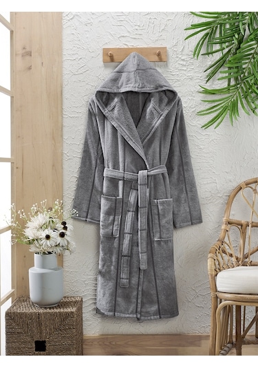 Pamuklu Kadife Kapüşonlu Unisex Mürdüm Bornoz