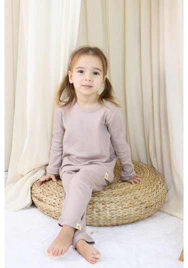 Zuzunga Basic Fitilli İnterlok Kumaş Pamuk 1-5 Yaş Vizon Bebek Pijama Takımı