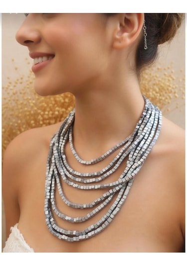 Bambu Küp Ahşap 8'li Çoklu Kolye Silver
