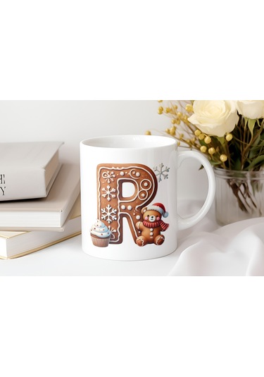 R Kurabiye Harf Ve Ayıcık Detaylı Kupa Bardak - Yeni Yıl / Yılbaşı Temalı Tasarım - Noel Hediye Beyaz