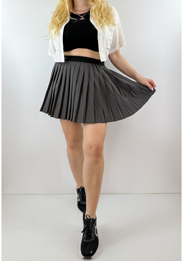 Modaonna Gri Pilili Mini Etek Gri