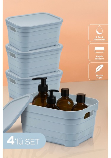 Vienev 4'lü Kapaklı 3,8 Litre Saklama Kutusu Mavi Mavi