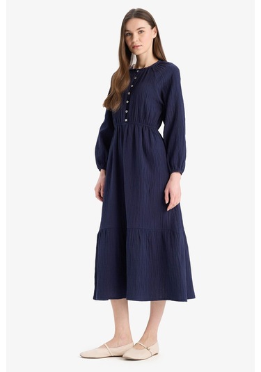 DeFacto Relax Fit Bisiklet Yaka Müslin Uzun Kollu Maxi Elbise D0570AX25SMNV31