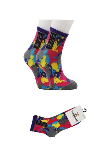 Kadın Çok Renkli Desenli Pamuklu Yarım Konç Çorap 3'lü Paket Çok Renkli