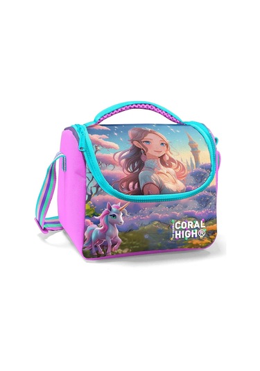 Coral High İlkokul Kız Çocuk Okul Beslenme Çantası, Turkuaz Pembe Anime Kız, Termoslu Isı Yalıtımlı Turkuaz - Pembe