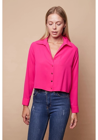 Kadın Likrasız Şık Kumaş Yakalı Uzun Kol Kısa Gömlek-Fujya Fujya