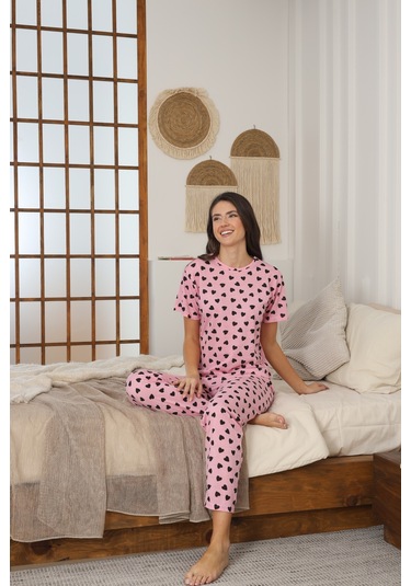 Kadın Yazlık Kısa Kol Penye Süprem Kumaş Pijama Takımı Pembe Siyah