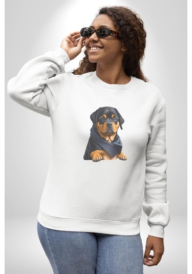 Puppy Köpek Rottweiler Unisex Beyaz Baskılı Sweatshirt Beyaz