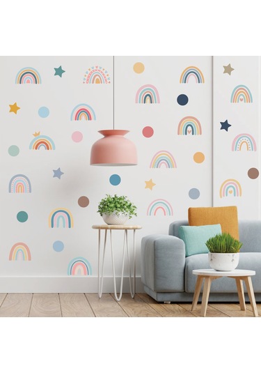 Xiyyadms Pvc Duvar Sticker 4'lü Set: Renkli Gökkuşağı, Nokta Ve Yıldız Desenleri - 76 Adet Dekoratif Desen - Ev, Anaokulu, Bebek Odası İçin Çok Renkli