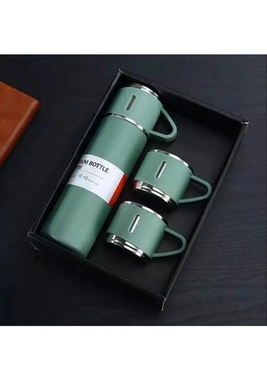 500 Ml Paslanmaz Çelik 3 Bardaklı Termos Set Yeşil