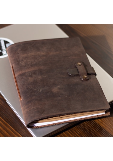 Kişiye İsme Özel Hakiki Deri A5 Defter / Ajanda Kestane